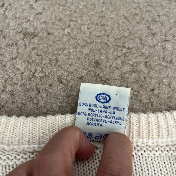 Yessiva Cream Floral Crochet Knit Embroidered Rustic Crew Neck Wool Sweater Med - Picture 10 of 10